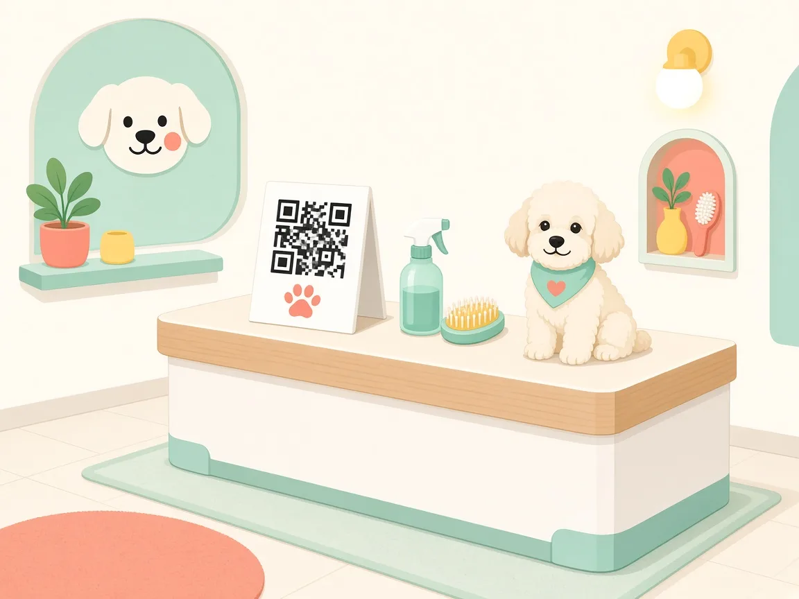 Cartellino con QR OkDog sul banco di una toelettatura, accanto a un pet