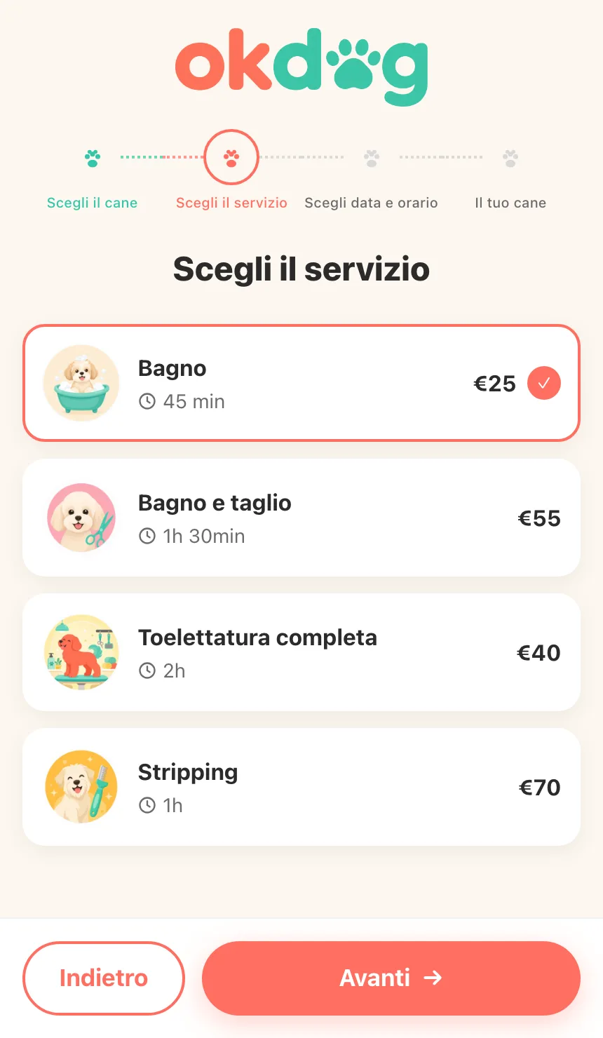 Schermata mobile: elenco servizi di toelettatura
