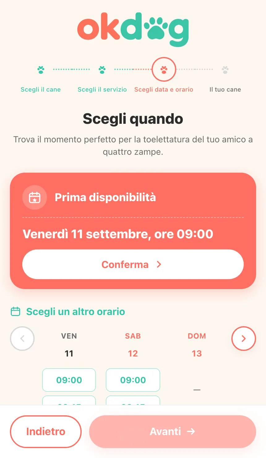 Schermata mobile: prima disponibilità e calendario degli slot